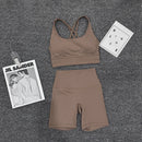 SOISOU Nylon Gym Yoga Set Women's Tracksuit Cycling Shorts Set Tight Elastic Short Chest Pad Removable Bra Womens Clothing