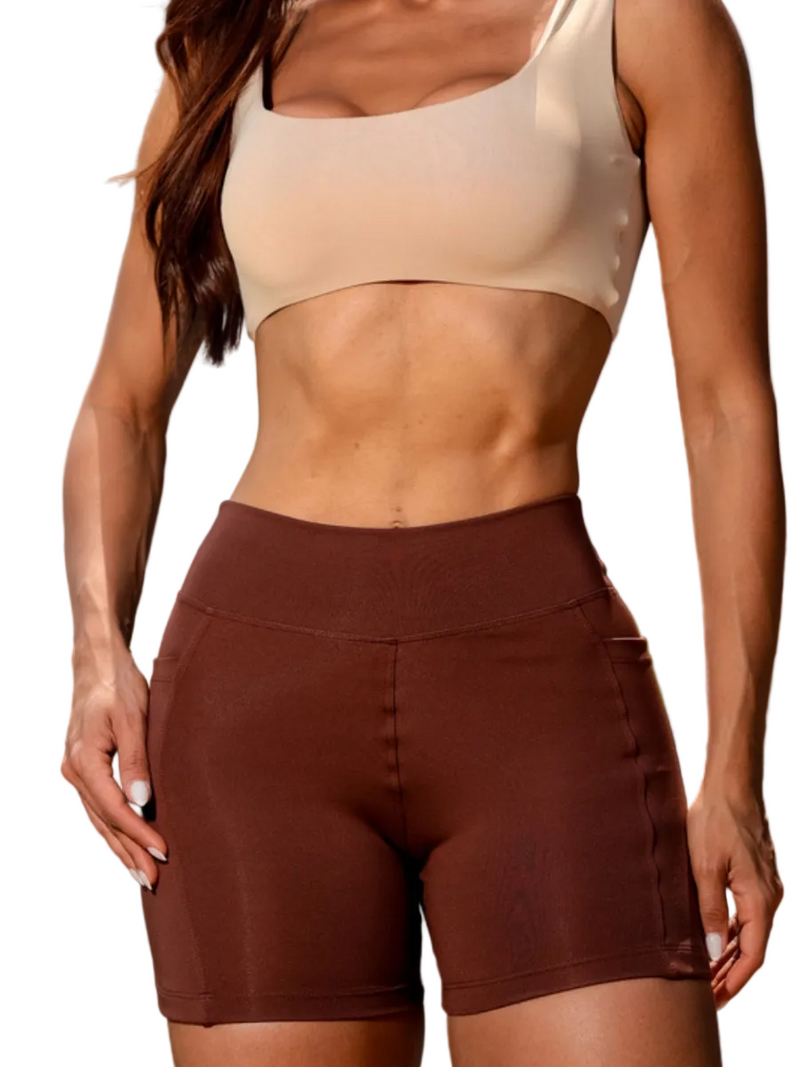 Shorts Esportivo Feminino Fitness Modelagem Anatômica Cós Alto Duplo Bolso Funcional Alta Compressão