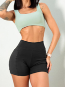 Shorts Esportivo Feminino Fitness Modelagem Anatômica Cós Alto Duplo Bolso Funcional Alta Compressão